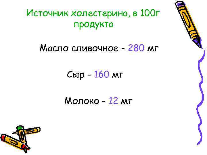 Источник холестерина, в 100 г продукта Масло сливочное - 280 мг Сыр - 160