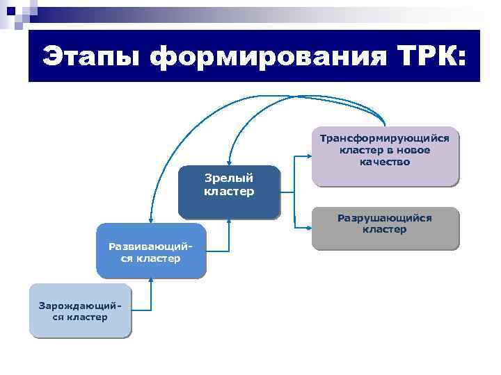 Этапы формирования ТРК: Трансформирующийся кластер в новое качество Зрелый кластер Разрушающийся кластер Развивающийся кластер
