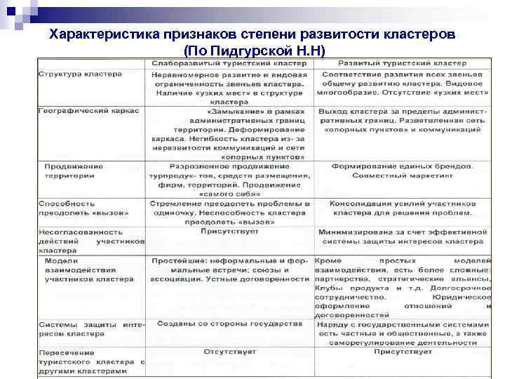 Характеристика признаков степени развитости кластеров (По Пидгурской Н. Н) 
