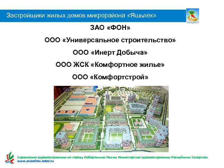 Застройщики жилых домов микрорайона «Яшьлек» ЗАО «ФОН» ООО «Универсальное строительство» ООО «Инерт Добыча» ООО