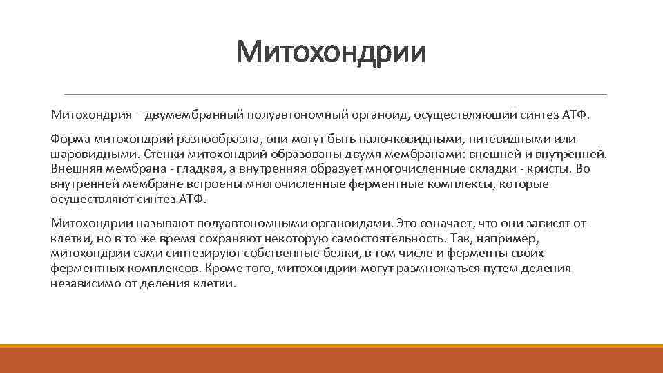 Митохондрии Митохондрия – двумембранный полуавтономный органоид, осуществляющий синтез АТФ. Форма митохондрий разнообразна, они могут