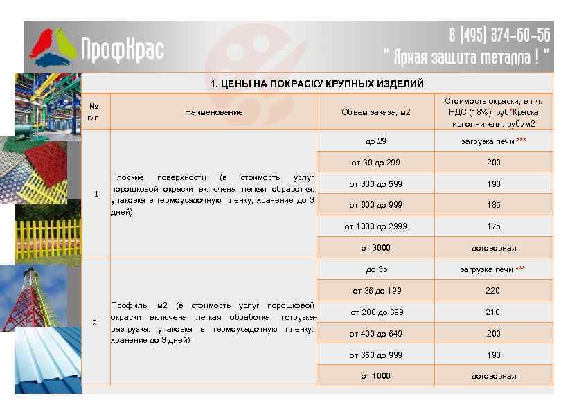 1. ЦЕНЫ НА ПОКРАСКУ КРУПНЫХ ИЗДЕЛИЙ от 300 до 599 190 от 600 до