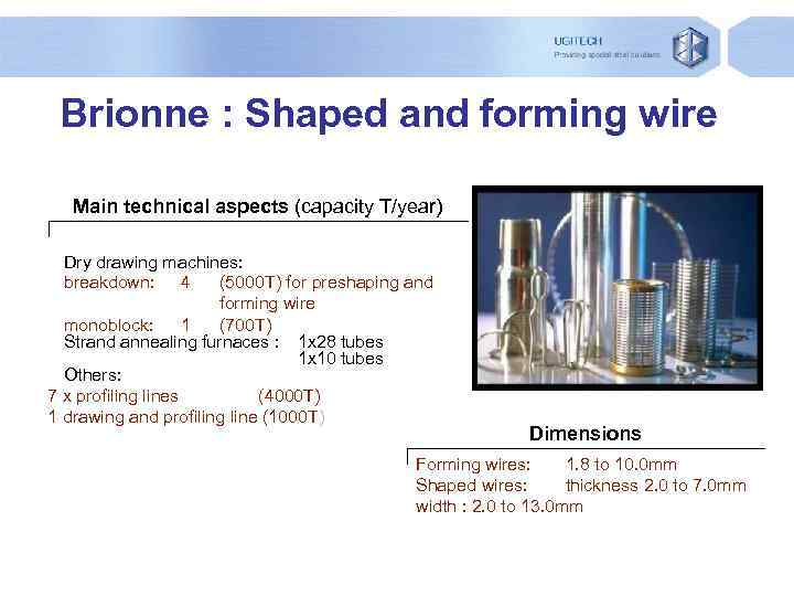 Brionne : Shaped and forming wire Main technical aspects (capacity T/year) Dry drawing machines: