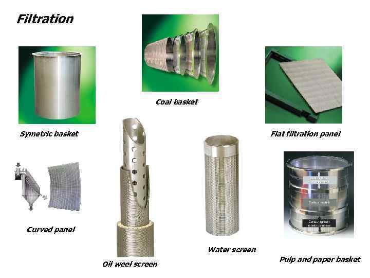 Filtration Coal basket Symetric basket Flat filtration panel Curved panel Water screen Oil weel