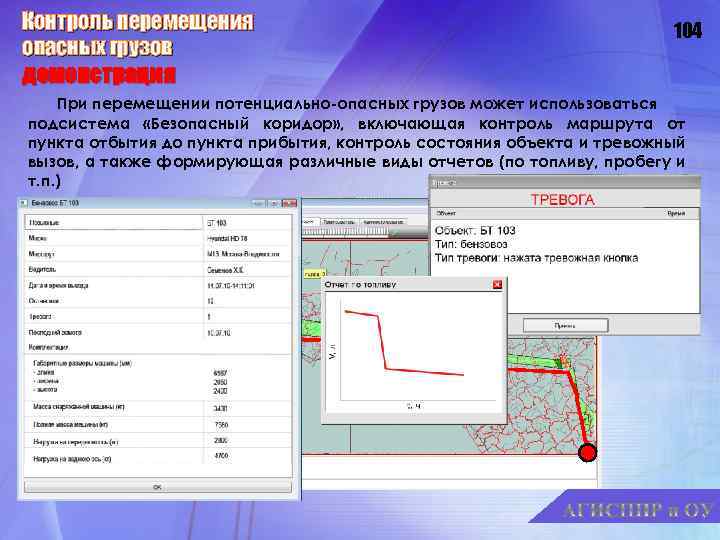 Контроль перемещения опасных грузов демонстрация 104 При перемещении потенциально-опасных грузов может использоваться подсистема «Безопасный
