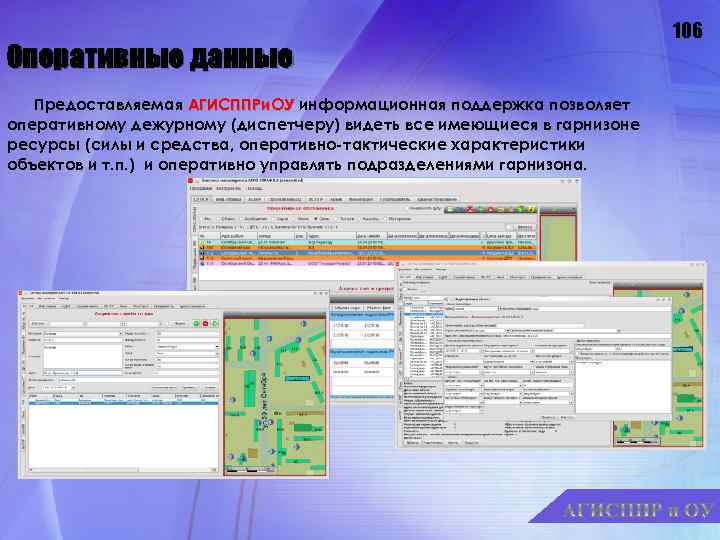 Оперативные данные Предоставляемая АГИСППРи. ОУ информационная поддержка позволяет оперативному дежурному (диспетчеру) видеть все имеющиеся