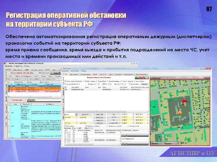 Регистрация оперативной обстановки на территории субъекта РФ 97 Обеспечена автоматизированная регистрация оперативным дежурным (диспетчером)