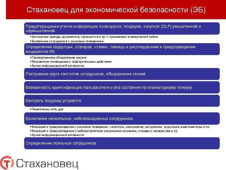 Стахановец для экономической безопасности (ЭБ) Предотвращение утечки информации о конкурсах, тендерах, закупках (DLP) умышленной