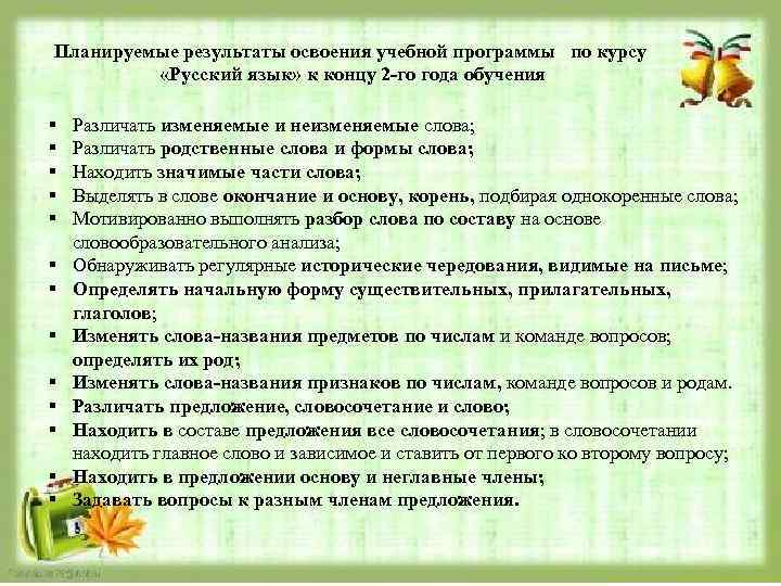 Планируемые результаты освоения учебной программы по курсу «Русский язык» к концу 2 го года