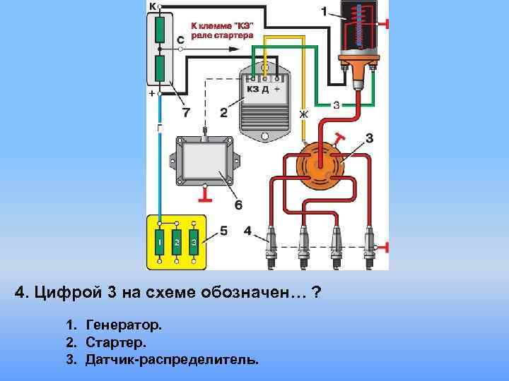 4. Цифрой 3 на схеме обозначен… ? 1. Генератор. 2. Стартер. 3. Датчик-распределитель. 