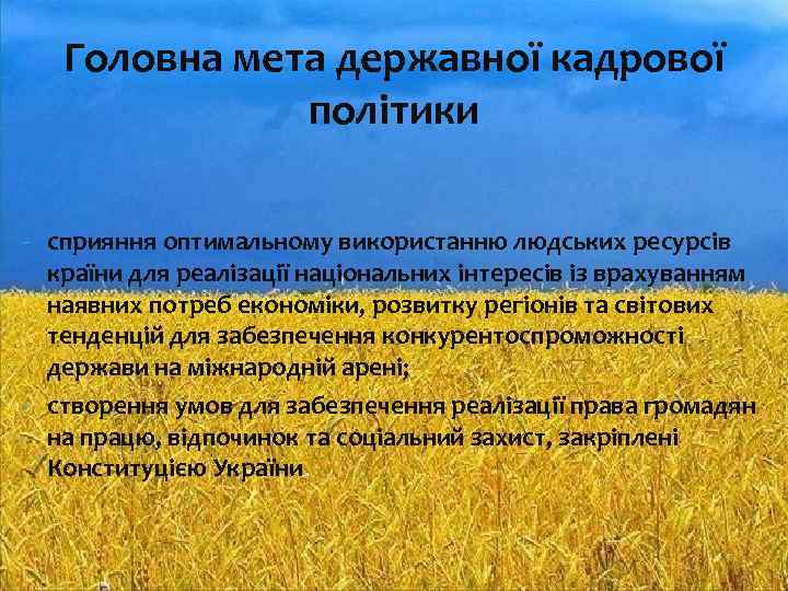 Головна мета державної кадрової політики - сприяння оптимальному використанню людських ресурсів країни для реалізації