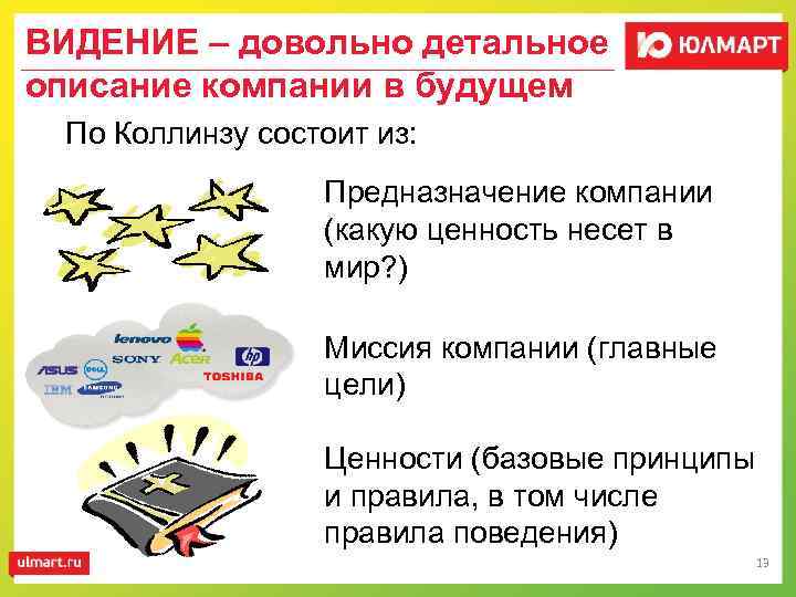 ВИДЕНИЕ – довольно детальное описание компании в будущем По Коллинзу состоит из: Предназначение компании