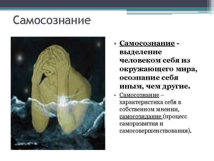 Самосознание • Самосознание выделение человеком себя из окружающего мира, осознание себя иным, чем другие.