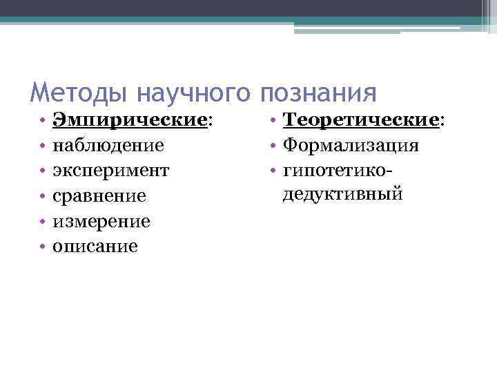 Методы научного познания • • • Эмпирические: наблюдение эксперимент сравнение измерение описание • Теоретические:
