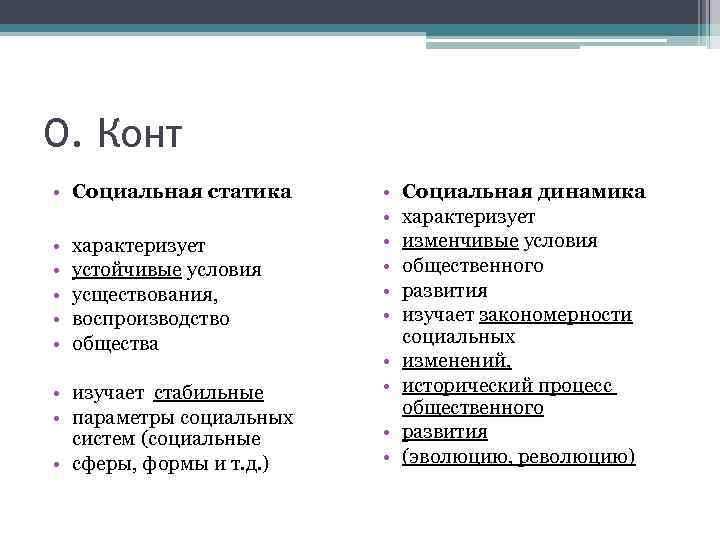 О. Конт • Социальная статика • • • характеризует устойчивые условия усществования, воспроизводство общества
