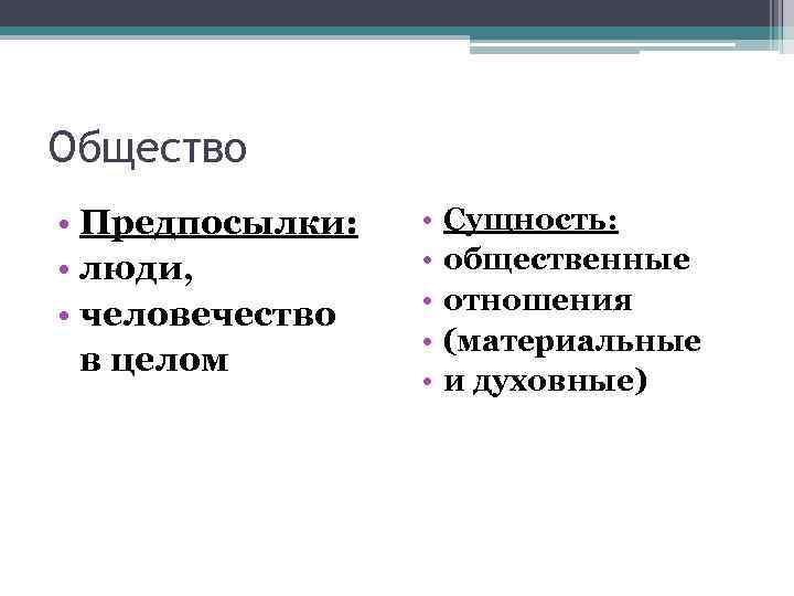 Общество • Предпосылки: • люди, • человечество в целом • • • Сущность: общественные