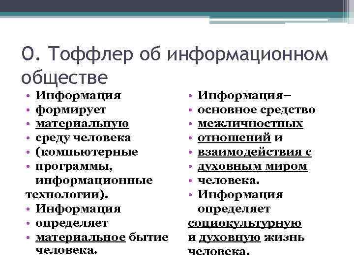 О. Тоффлер об информационном обществе • • • Информация формирует материальную среду человека (компьютерные