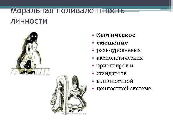 Моральная поливалентность личности • • Хаотическое смешение разноуровневых аксиологических ориентиров и стандартов в личностной