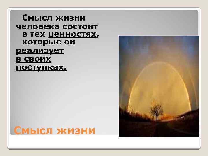 Смысл жизни человека состоит в тех ценностях, которые он реализует в своих поступках. Смысл