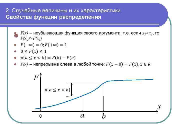 2. Случайные величины и их характеристики Свойства функции распределения l F x 0 a