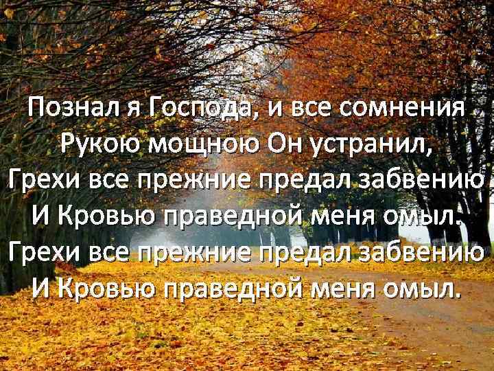 Познал я Господа, и все сомнения Рукою мощною Он устранил, Грехи все прежние предал