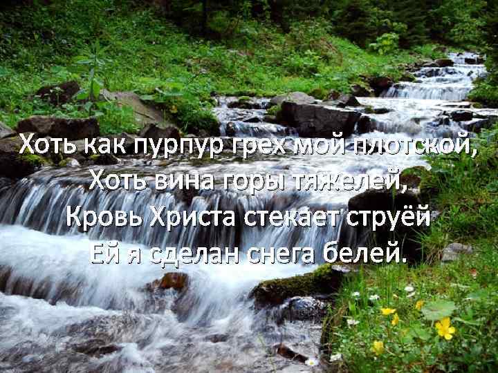 Хоть как пурпур грех мой плотской, Хоть вина горы тяжелей, Кровь Христа стекает струёй