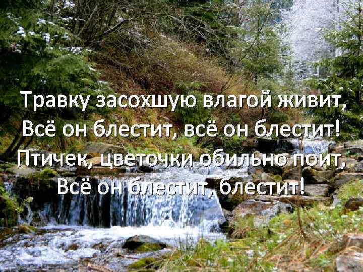  Травку засохшую влагой живит, Всё он блестит, всё он блестит! Птичек, цветочки обильно