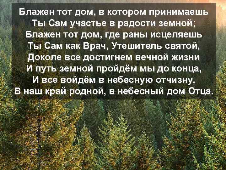 Блажен тот дом, в котором принимаешь Ты Сам участье в радости земной; Блажен тот