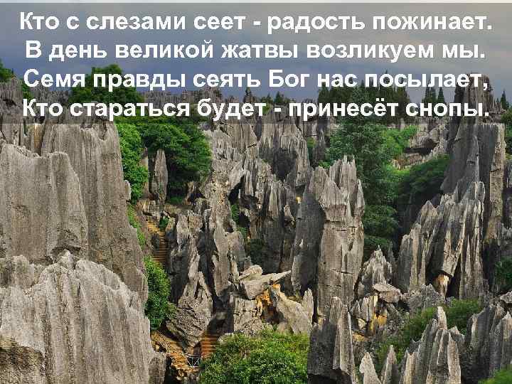 Кто с слезами сеет - радость пожинает. В день великой жатвы возликуем мы. Семя