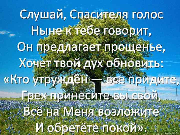 Слушай, Спасителя голос Ныне к тебе говорит, Он предлагает прощенье, Хочет твой дух обновить: