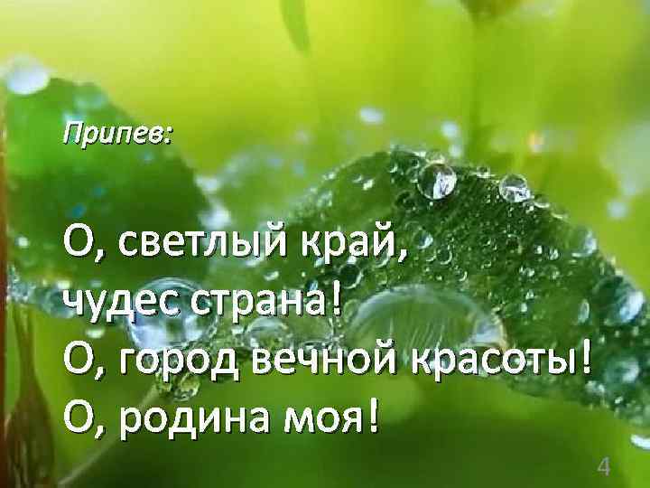 Припев: О, светлый край, чудес страна! О, город вечной красоты! О, родина моя! 4