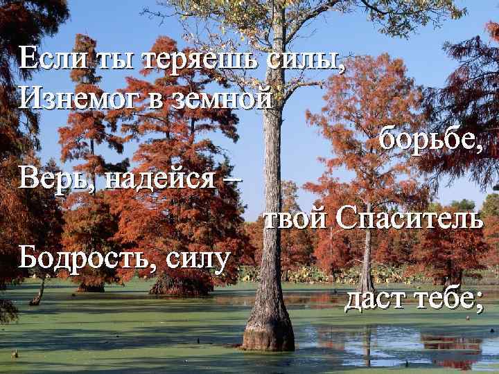 Если ты теряешь силы, Изнемог в земной борьбе, Верь, надейся – твой Спаситель Бодрость,