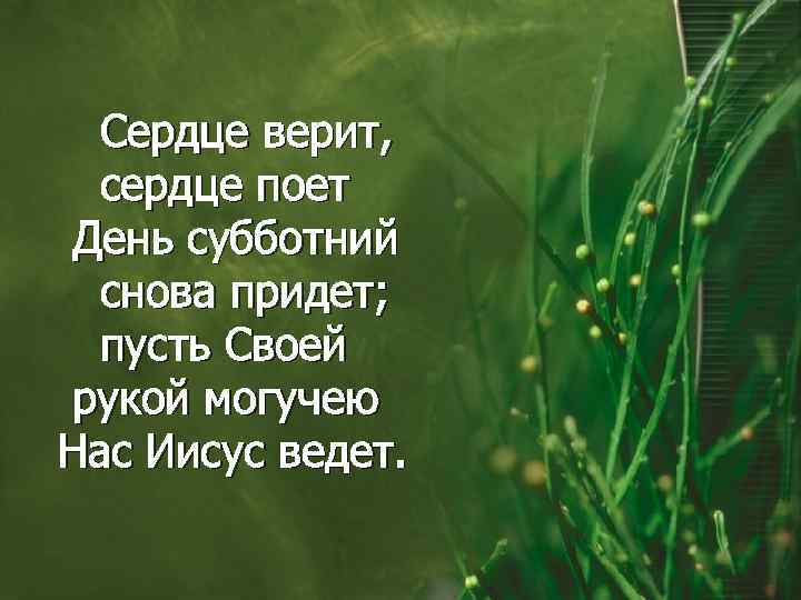  Сердце верит, сердце поет День субботний снова придет; пусть Своей рукой могучею Нас