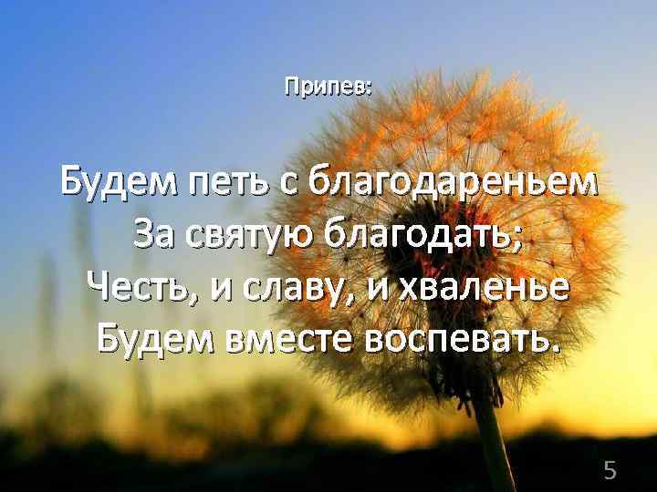 Припев: Будем петь с благодареньем За святую благодать; Честь, и славу, и хваленье Будем