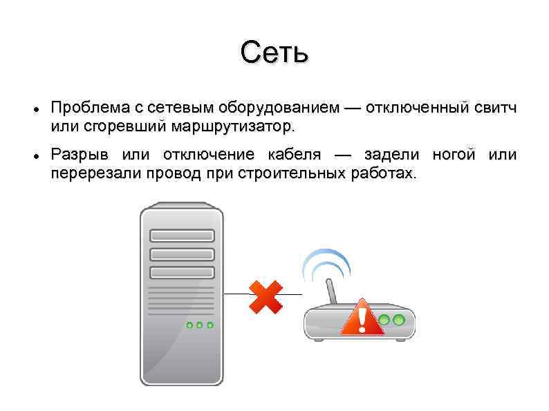 Сеть Проблема с сетевым оборудованием — отключенный свитч или сгоревший маршрутизатор. Разрыв или отключение
