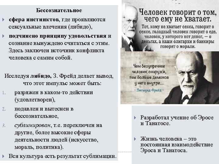  Бессознательное сфера инстинктов, где проявляются сексуальные влечения (либидо), подчинено принципу удовольствия и сознание