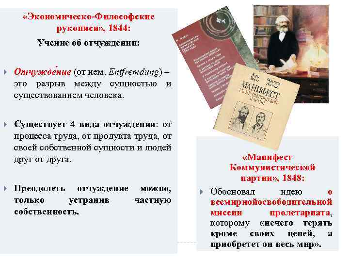  «Экономическо-Философские рукописи» , 1844: Учение об отчуждении: Отчужде ние (от нем. Entfremdung) –