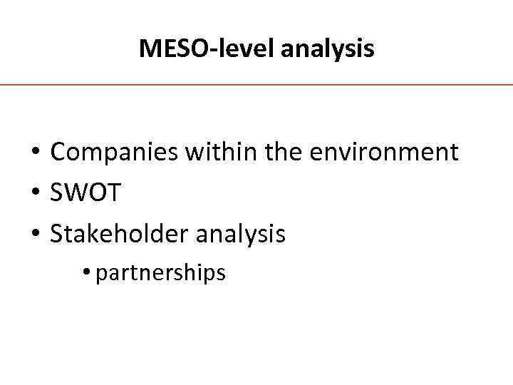 MESO-level analysis • Companies within the environment • SWOT • Stakeholder analysis • partnerships