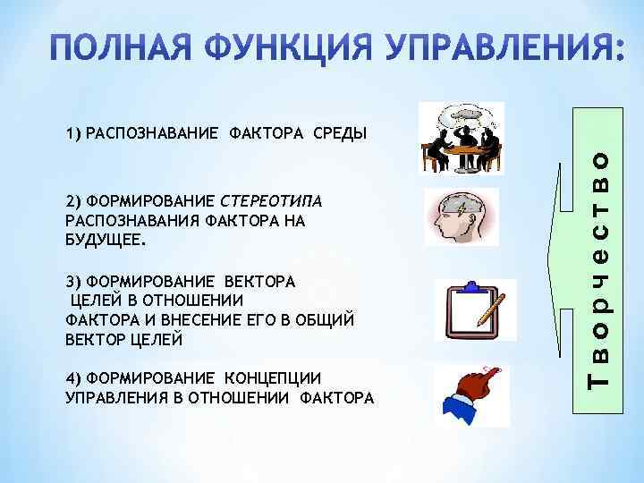 2) ФОРМИРОВАНИЕ СТЕРЕОТИПА РАСПОЗНАВАНИЯ ФАКТОРА НА БУДУЩЕЕ. 3) ФОРМИРОВАНИЕ ВЕКТОРА ЦЕЛЕЙ В ОТНОШЕНИИ ФАКТОРА