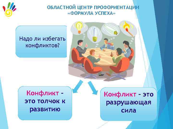 ОБЛАСТНОЙ ЦЕНТР ПРОФОРИЕНТАЦИИ «ФОРМУЛА УСПЕХА» Надо ли избегать конфликтов? Конфликт – это толчок к