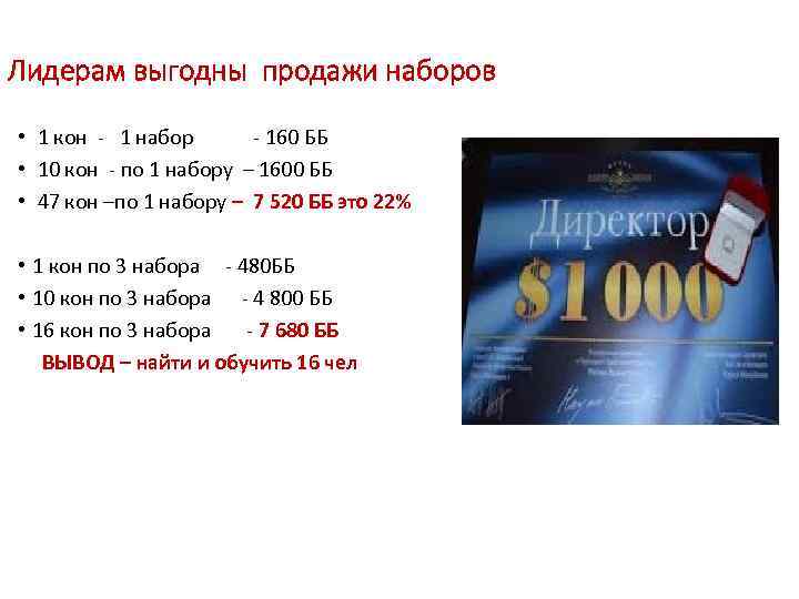 Лидерам выгодны продажи наборов • 1 кон - 1 набор - 160 ББ •