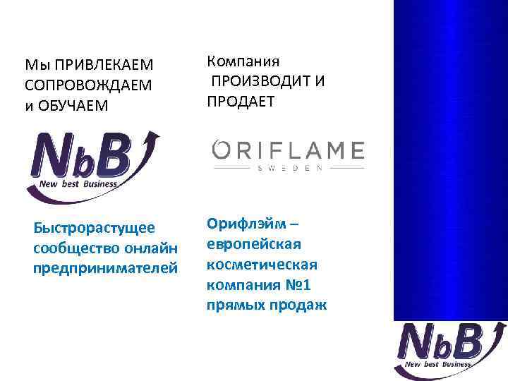 Мы ПРИВЛЕКАЕМ СОПРОВОЖДАЕМ и ОБУЧАЕМ Быстрорастущее сообщество онлайн предпринимателей Компания ПРОИЗВОДИТ И ПРОДАЕТ Орифлэйм