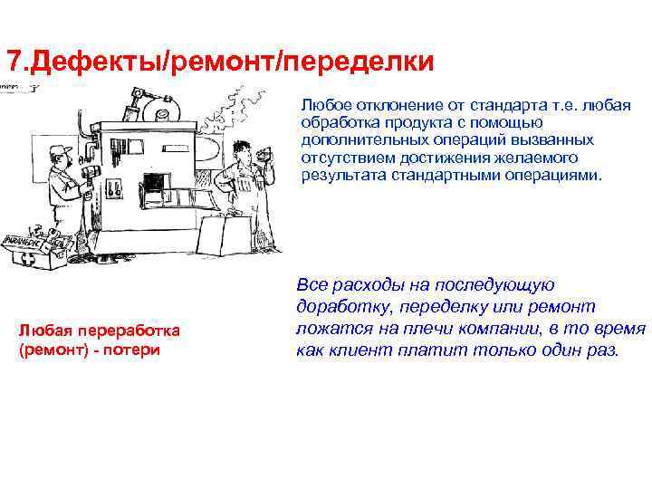 7. Дефекты/ремонт/переделки Любое отклонение от стандарта т. е. любая обработка продукта с помощью дополнительных