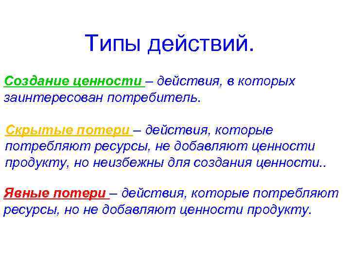 Типы действий. Создание ценности – действия, в которых заинтересован потребитель. Скрытые потери – действия,