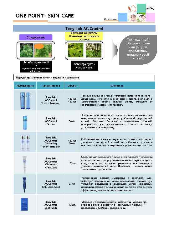 Internal Use Only ONE POINT– SKIN CARE Tony Lab AC Control Сциадопитис Антибактериальный и