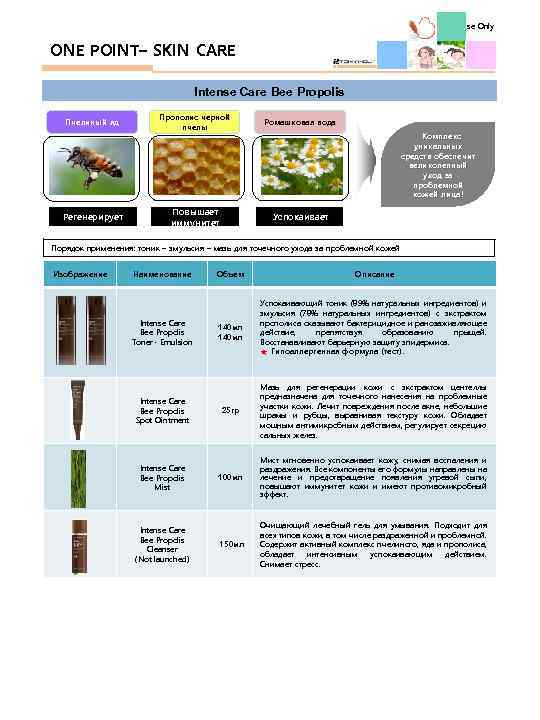 Internal Use Only ONE POINT– SKIN CARE Intense Care Bee Propolis Пчелиный яд Регенерирует