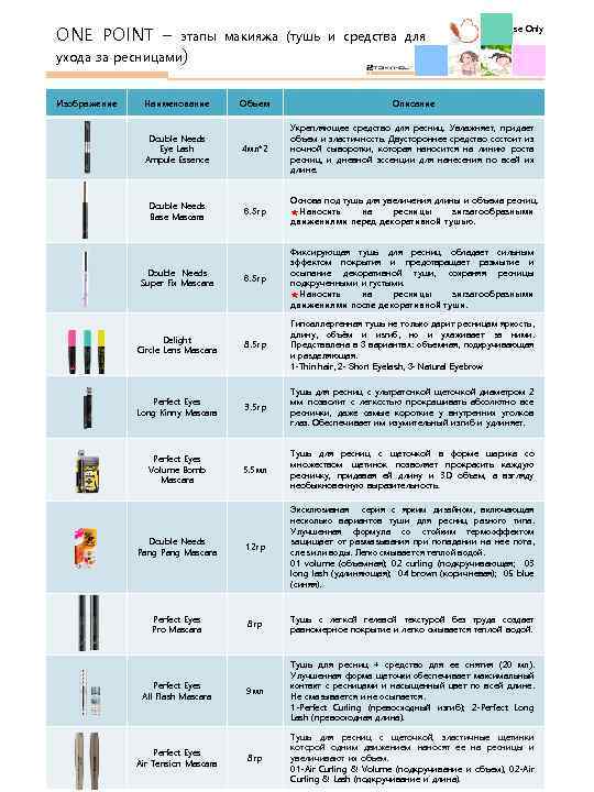 ONE POINT – этапы макияжа (тушь и средства для Internal Use Only ухода за