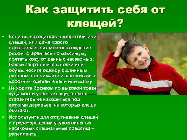 Как защитить себя от клещей? § Если вы находитесь в месте обитания клещей, или