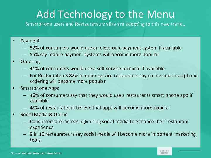 Add Technology to the Menu Smartphone users and Restaurateurs alike are adopting to this