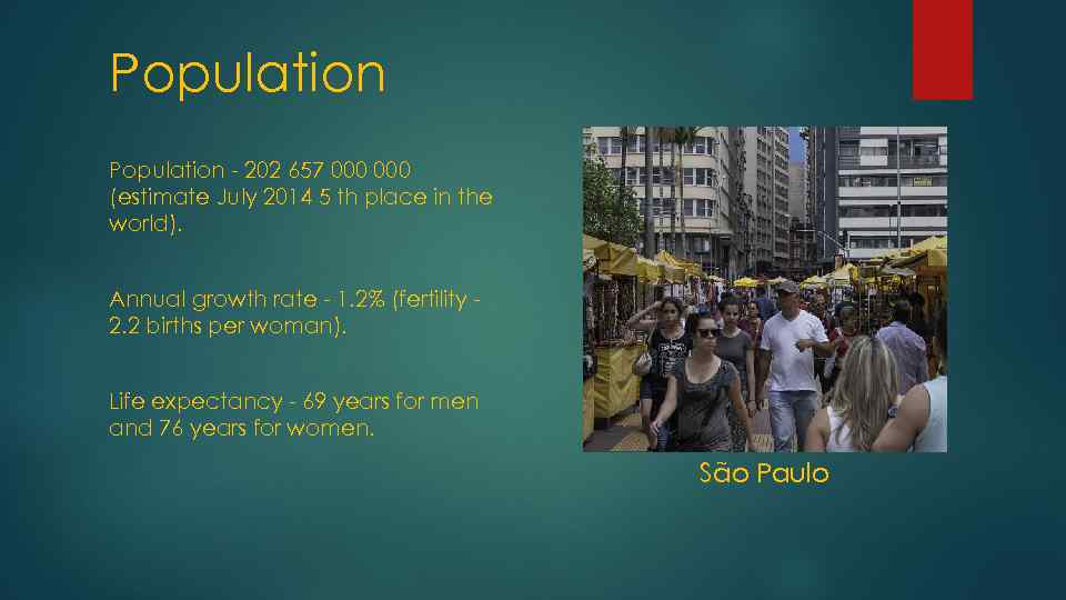 Population - 202 657 000 (estimate July 2014 5 th place in the world).